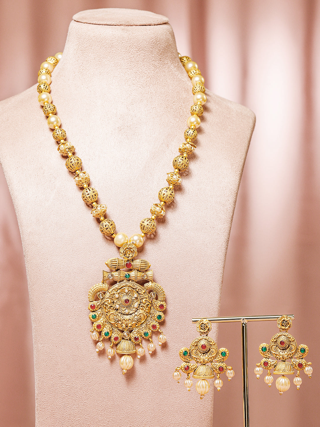 Wentra 24K Gold Plated Ruby & Emerald Stones and Pearl & Golden Beads Temple Jewelry Set