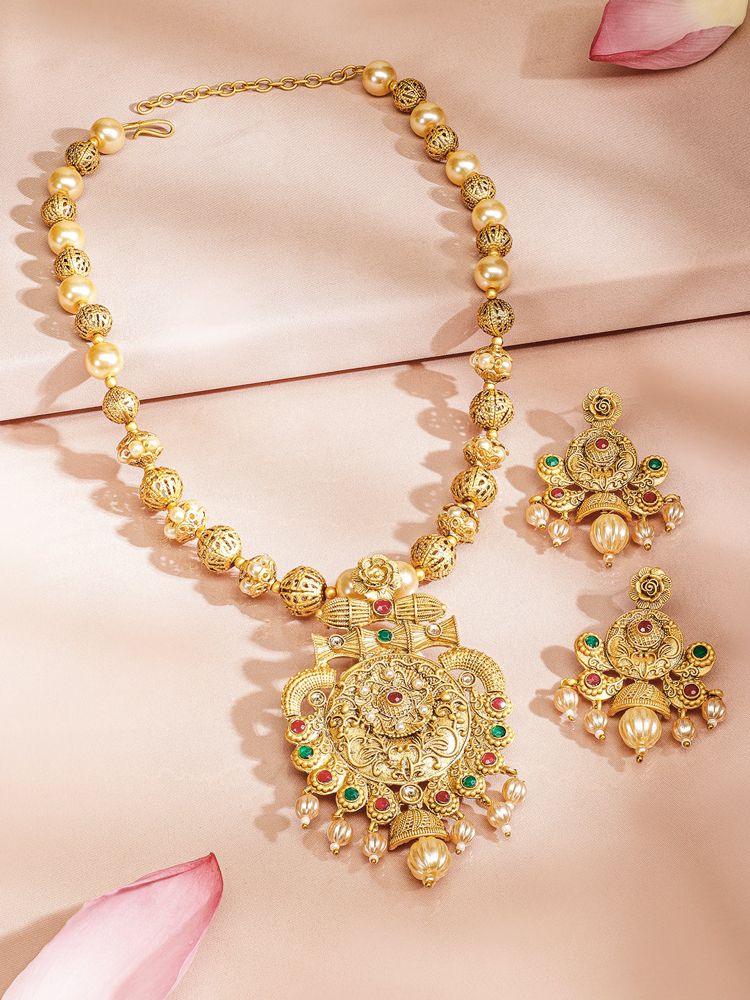 Wentra 24K Gold Plated Ruby & Emerald Stones and Pearl & Golden Beads Temple Jewelry Set