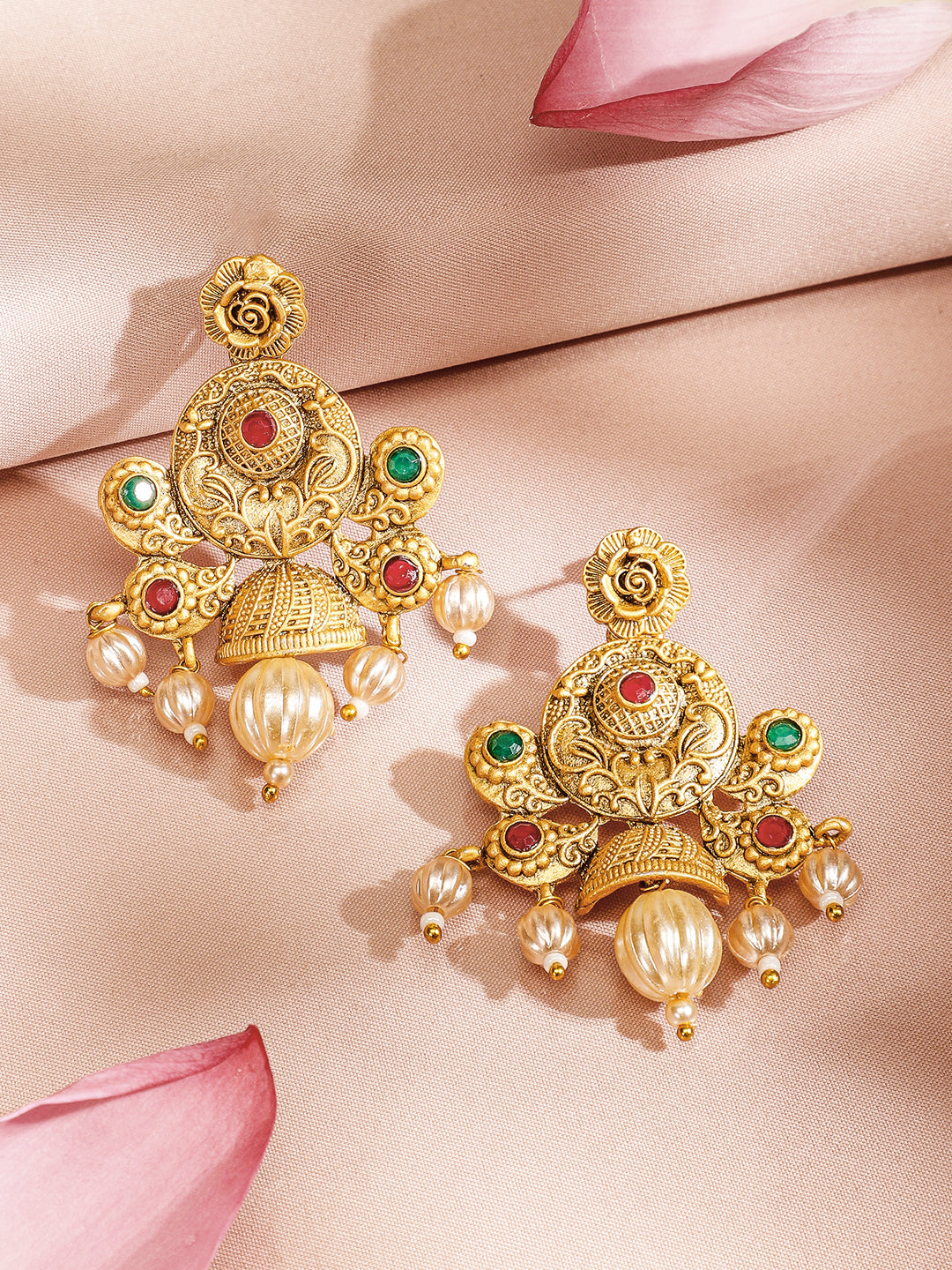 Wentra 24K Gold Plated Ruby & Emerald Stones and Pearl & Golden Beads Temple Jewelry Set