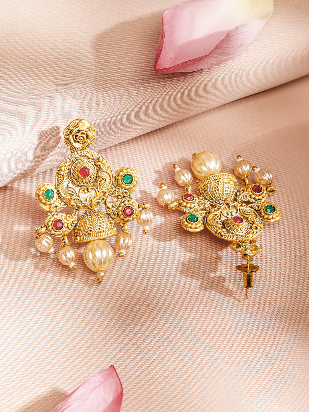 Wentra 24K Gold Plated Ruby & Emerald Stones and Pearl & Golden Beads Temple Jewelry Set