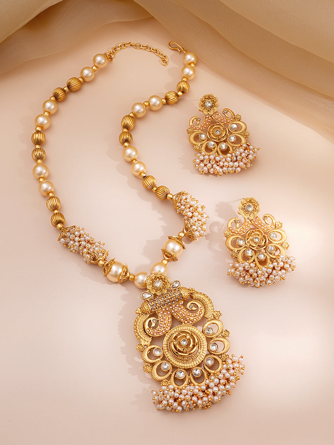 Pearl beaded Kundan Long Necklace Set
