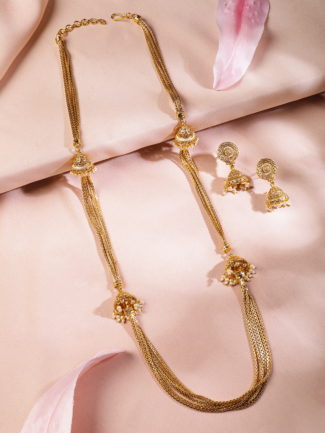 Wentra 22K Gold-Plated Multi-Strand Traditional Necklace Set with Jhumka Accents
