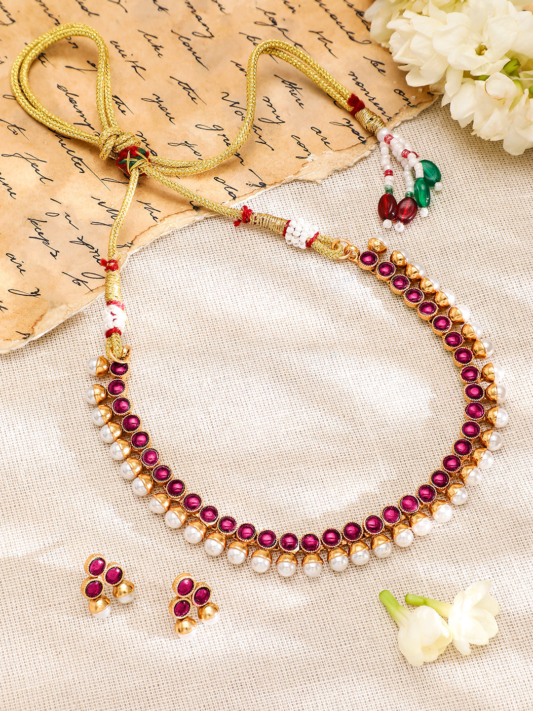Ruby Pink Studded Pearl Beaded Necklace Set