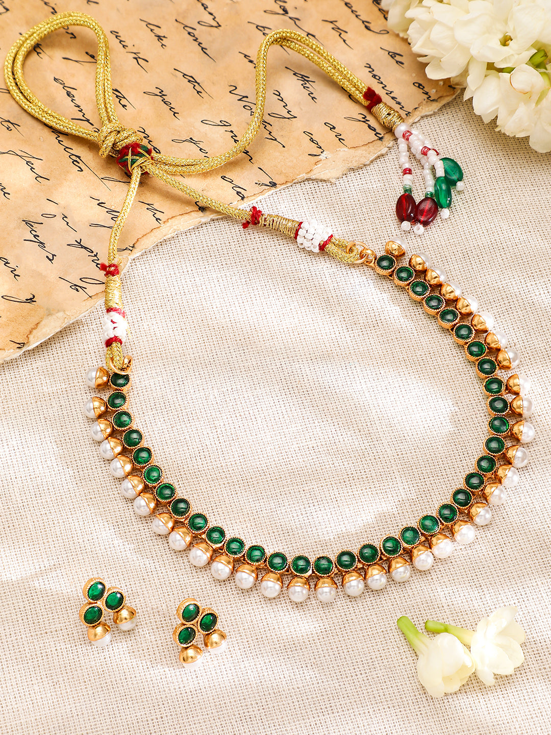 Emerald Studded Pearl Beaded Necklace Set