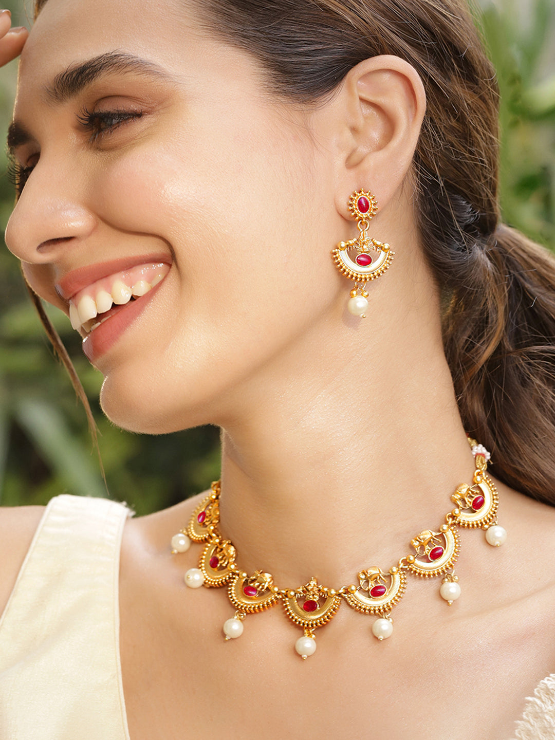 Half Moon Pearl Drop Golden Necklace Set