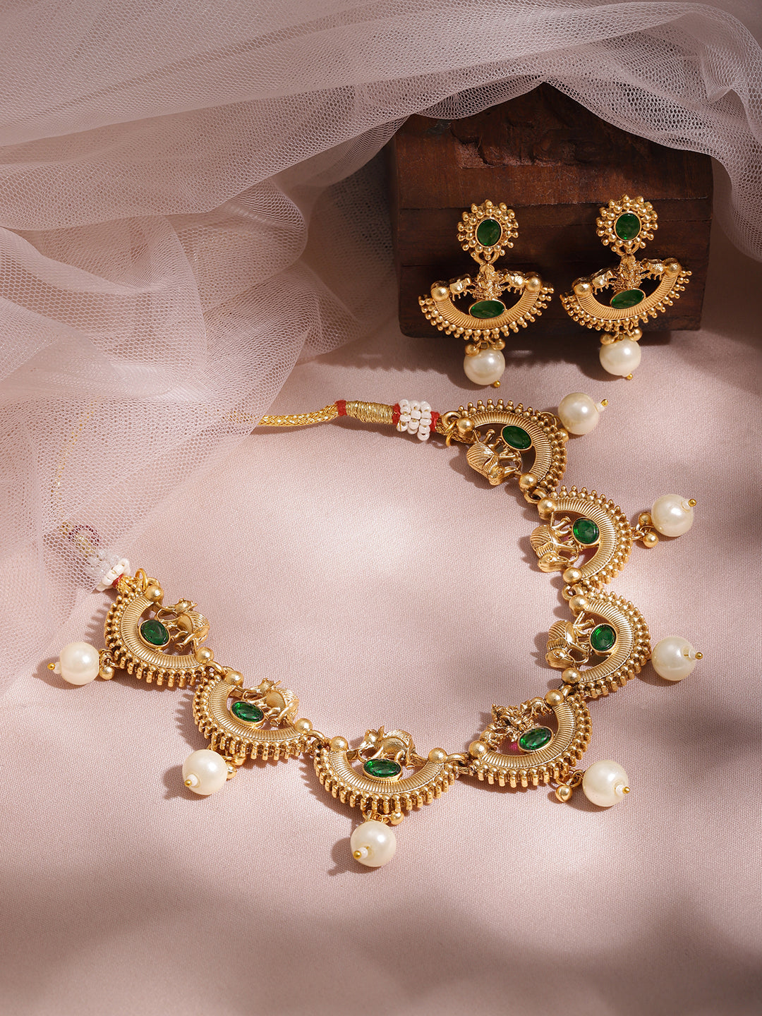 Half-Moon Pearl Drop Gold Necklace Set