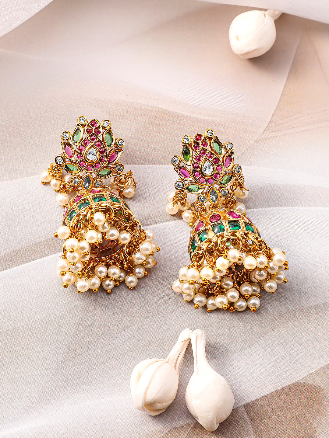 Red & Green Floral Design Studded Necklace Set