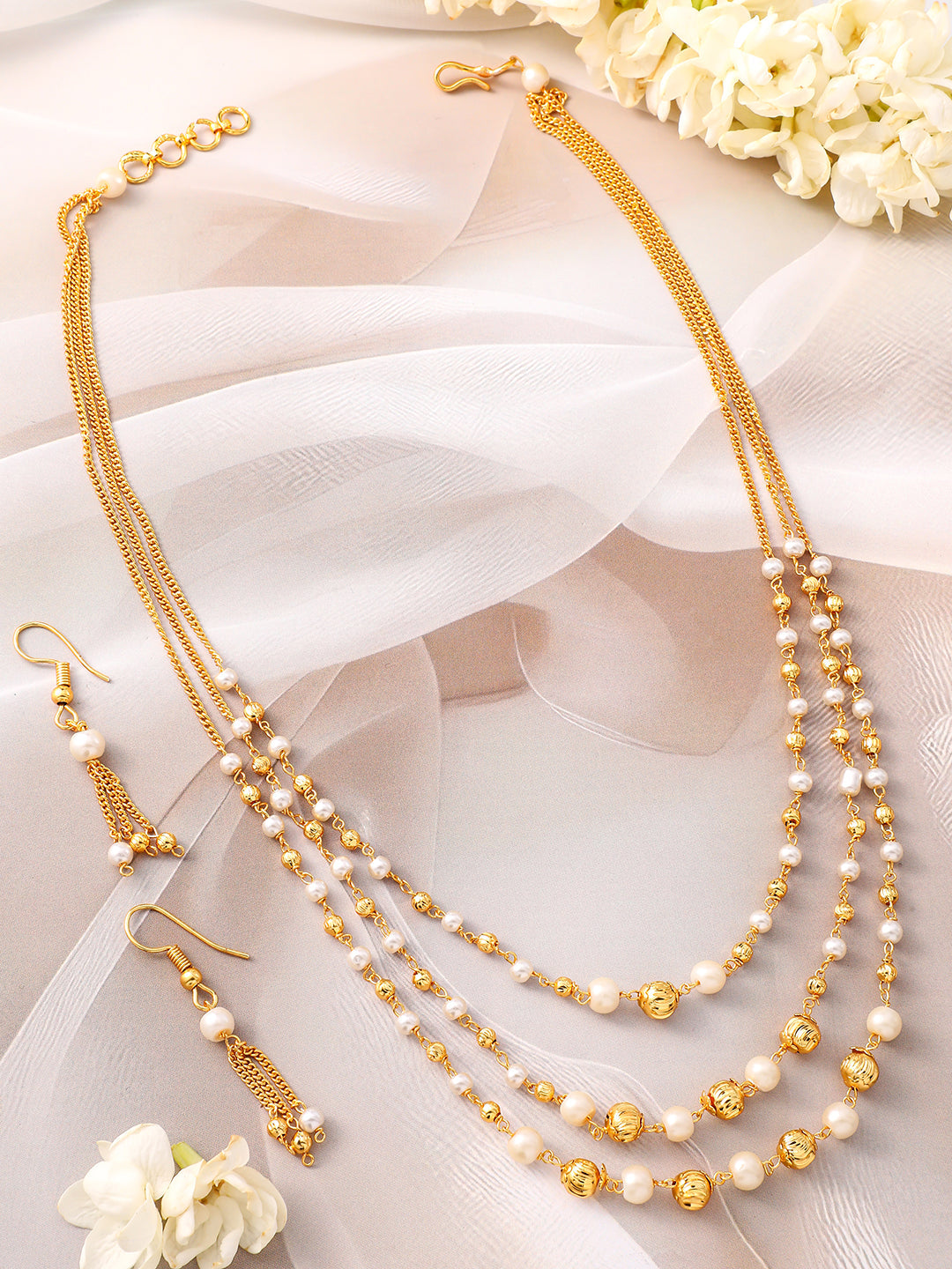 Triple Layered Pearl Beaded Necklace Set