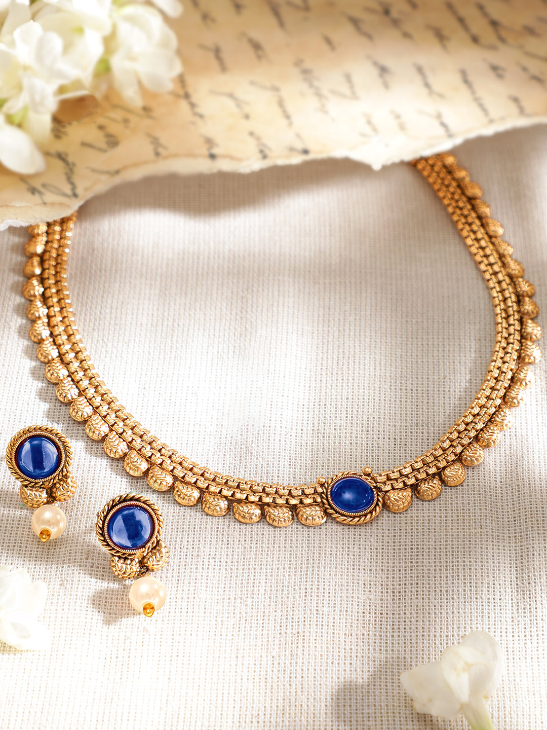Gold Toned Blue Accented Necklace Set