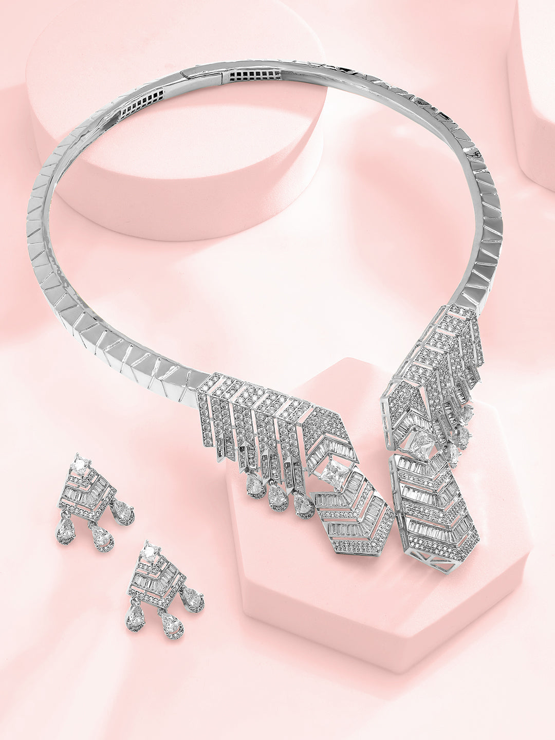 American Diamond Zirconia Collar Statement Necklace Set