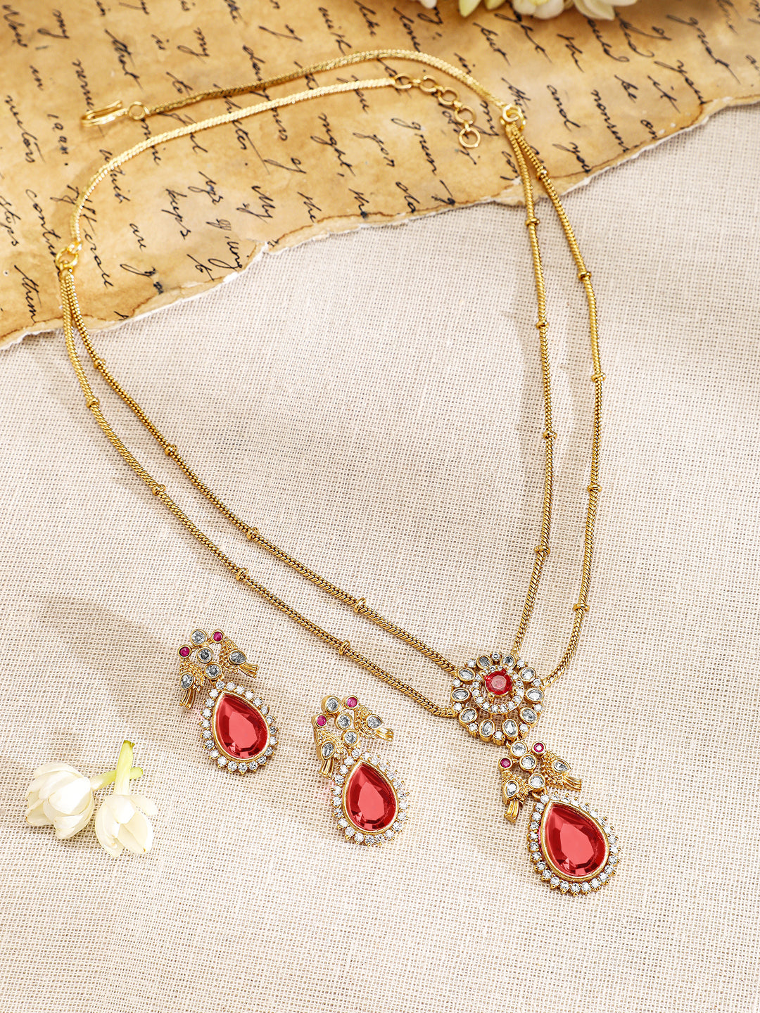 Ruby & American Diamond Zirconia Studded Necklace Set