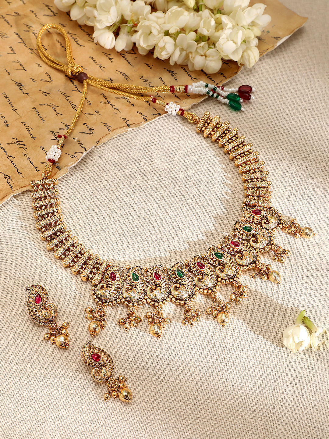 Peacock Motif Pink & Green Studded Necklace Set