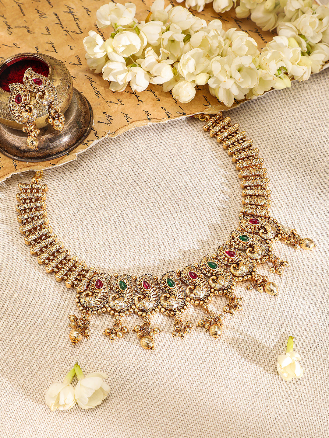 Peacock Motif Pink & Green Studded Necklace Set