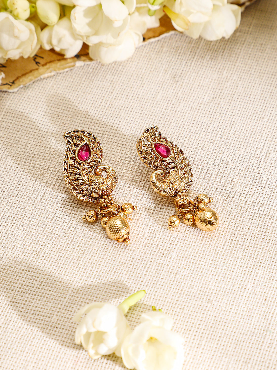 Peacock Motif Pink & Green Studded Necklace Set