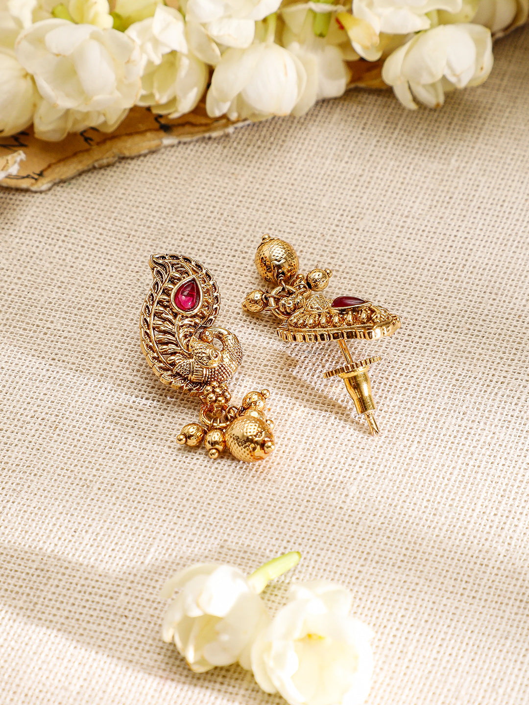 Peacock Motif Pink & Green Studded Necklace Set