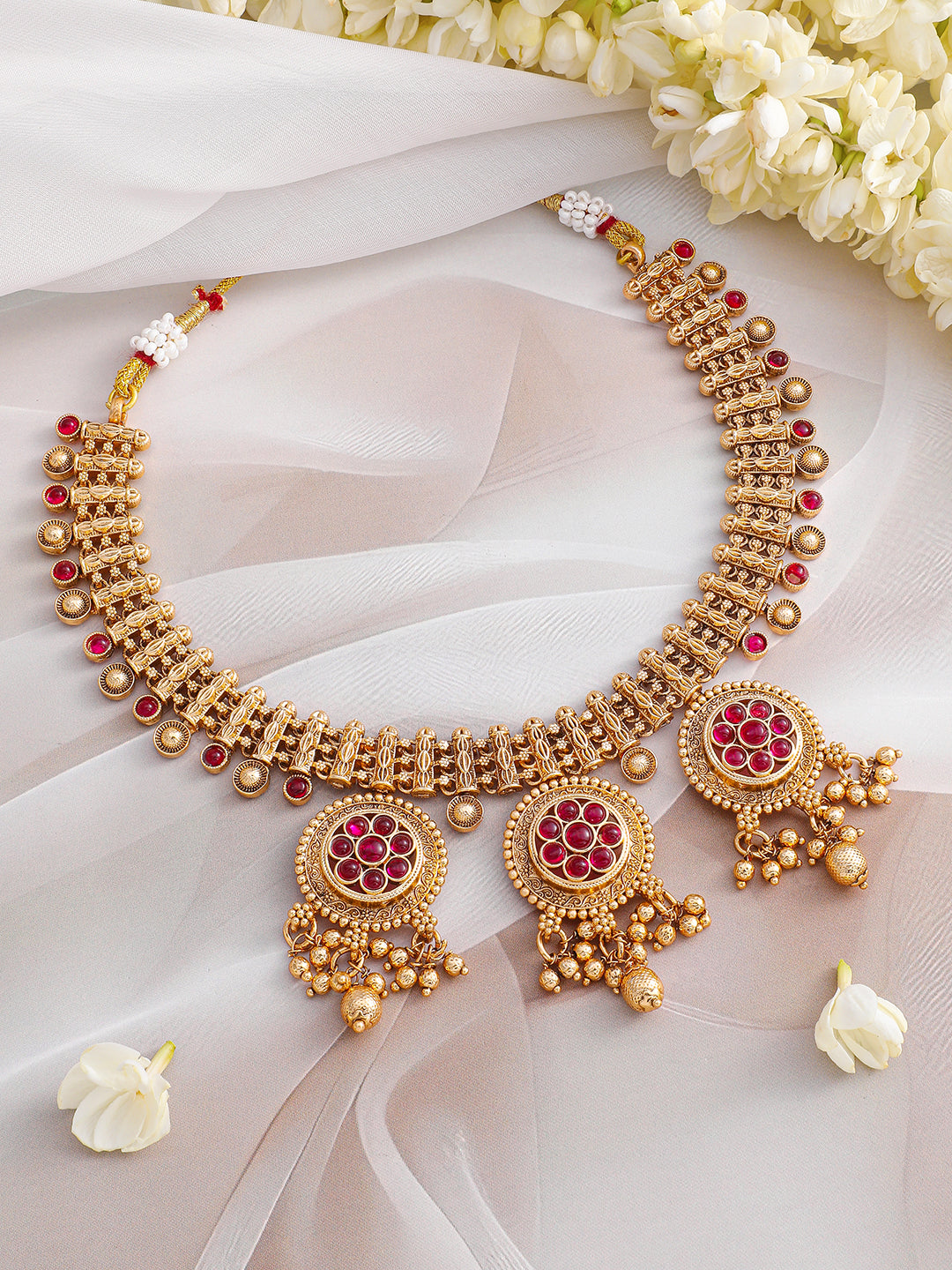 Pink Studded Golden Beads Necklace Set