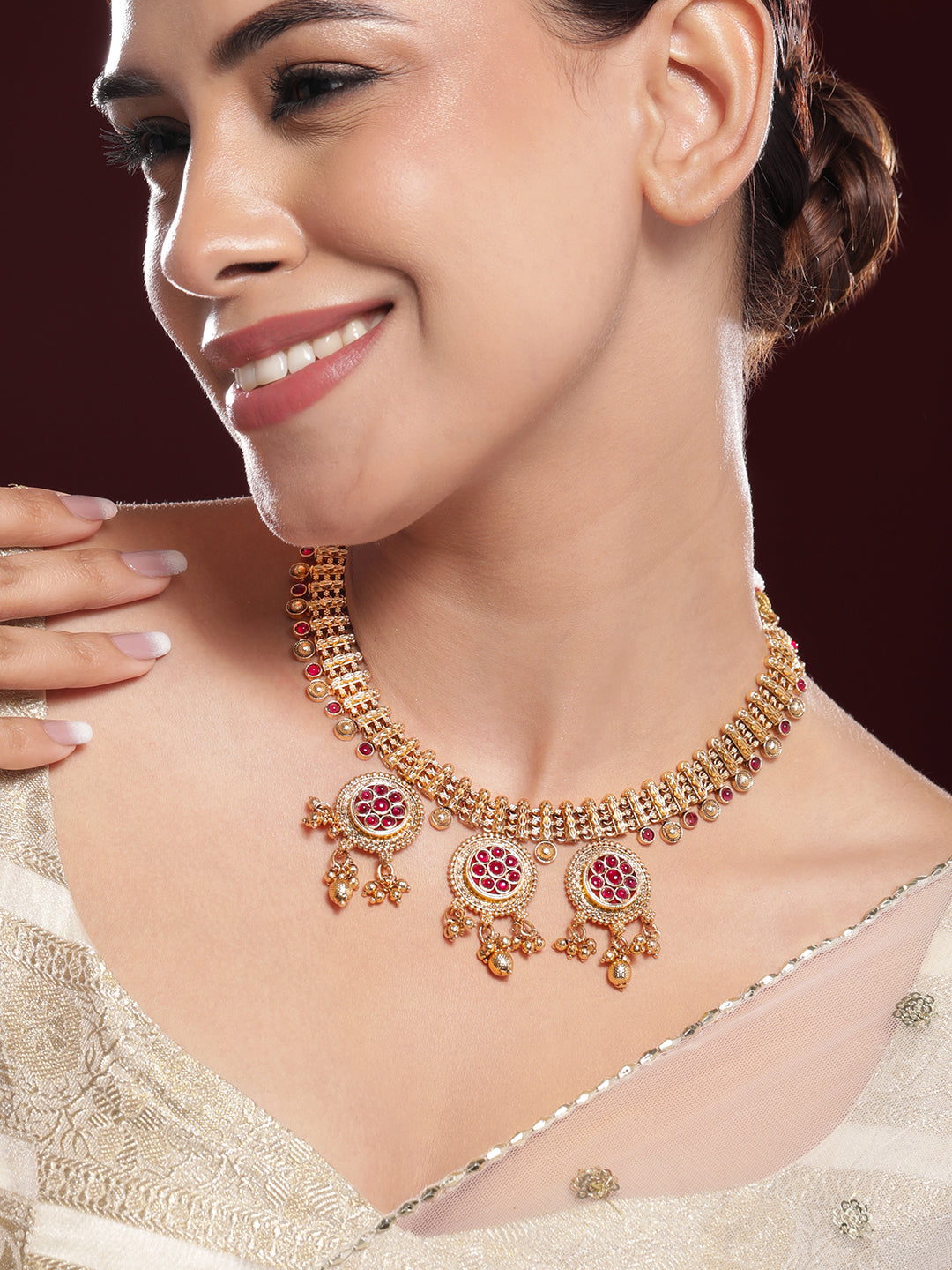 Pink Studded Golden Beads Necklace Set