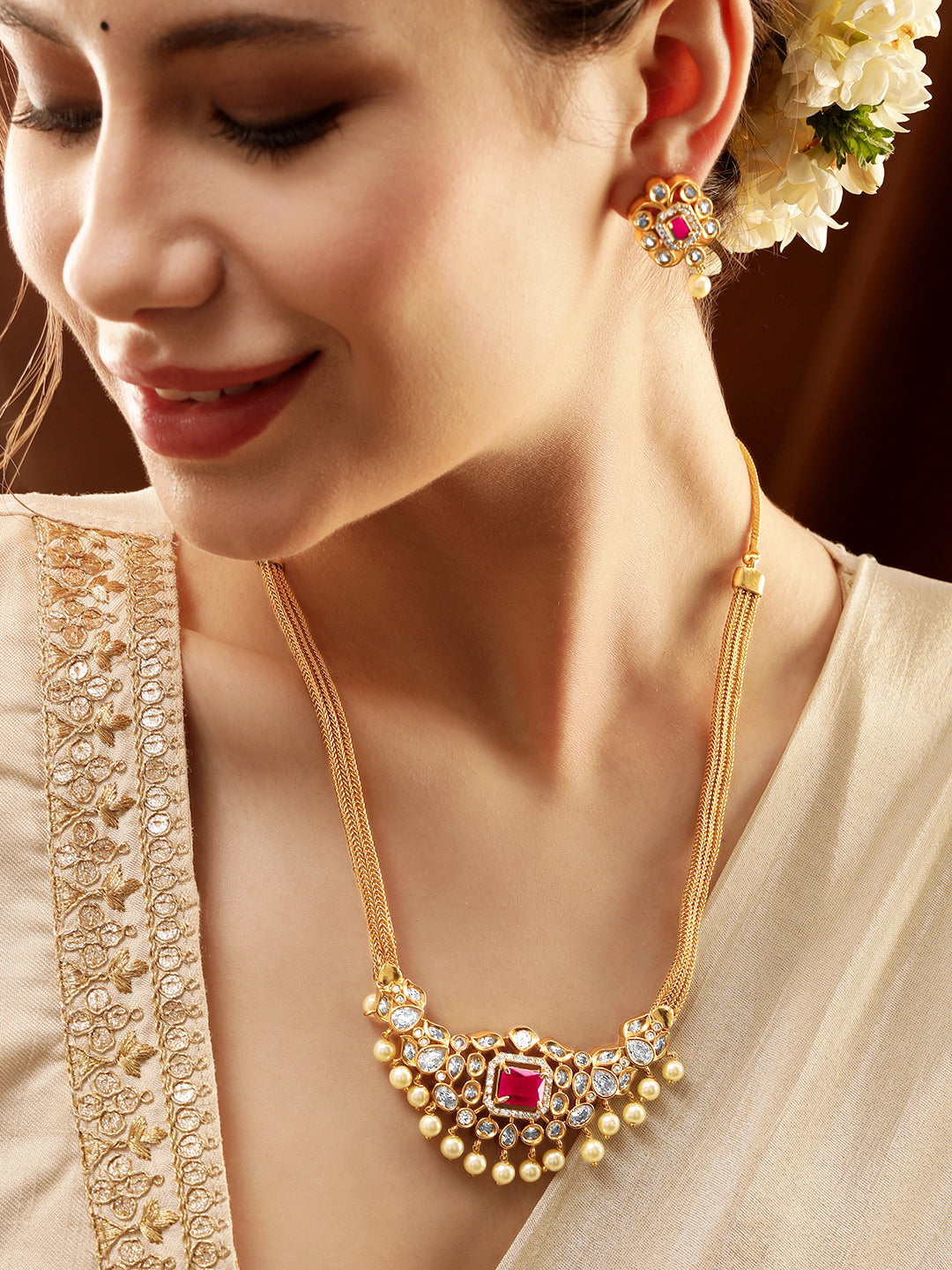 Pink Studded Pearl Drop Gold Necklace Set