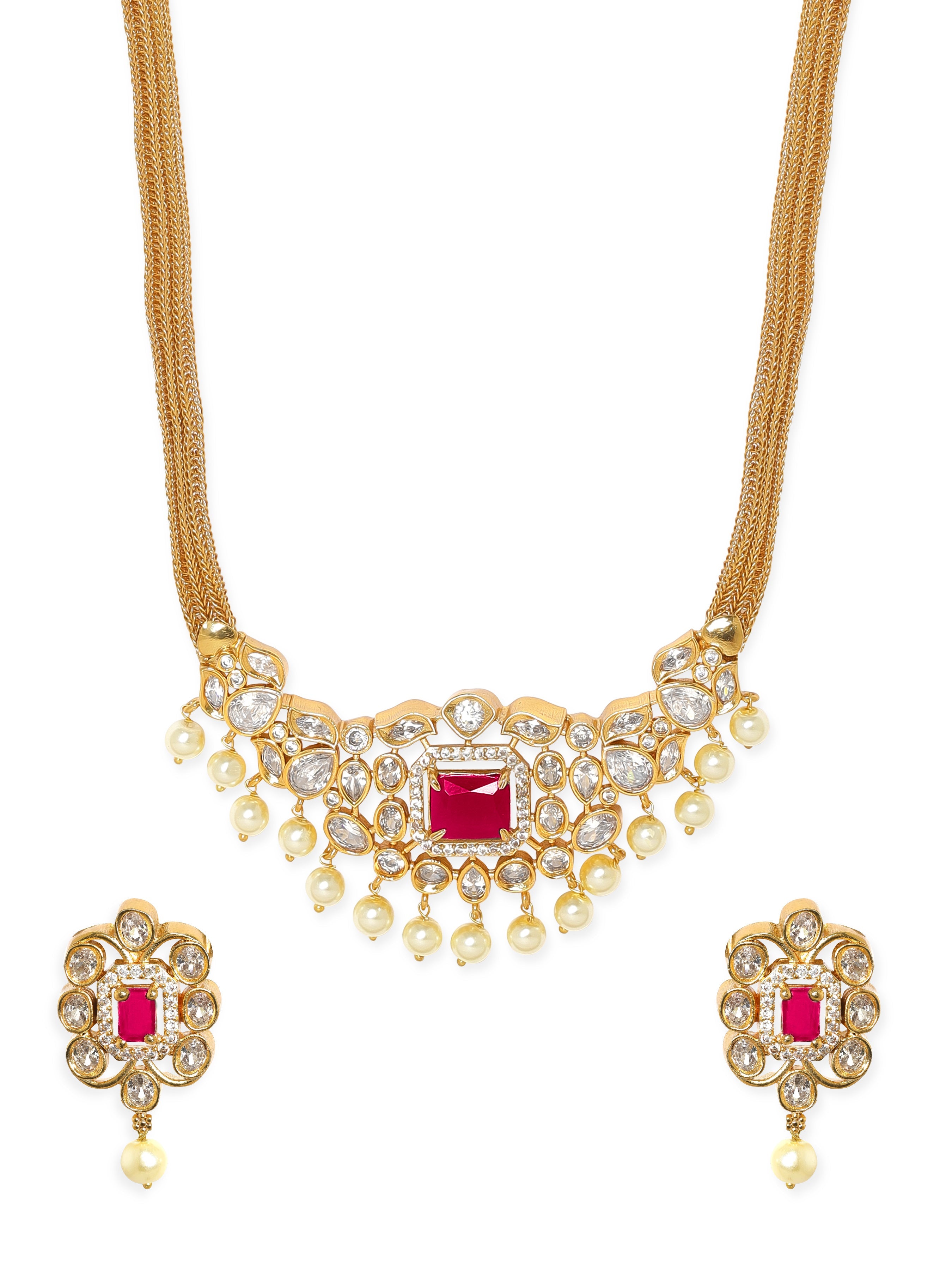Pink Studded Pearl Drop Gold Necklace Set