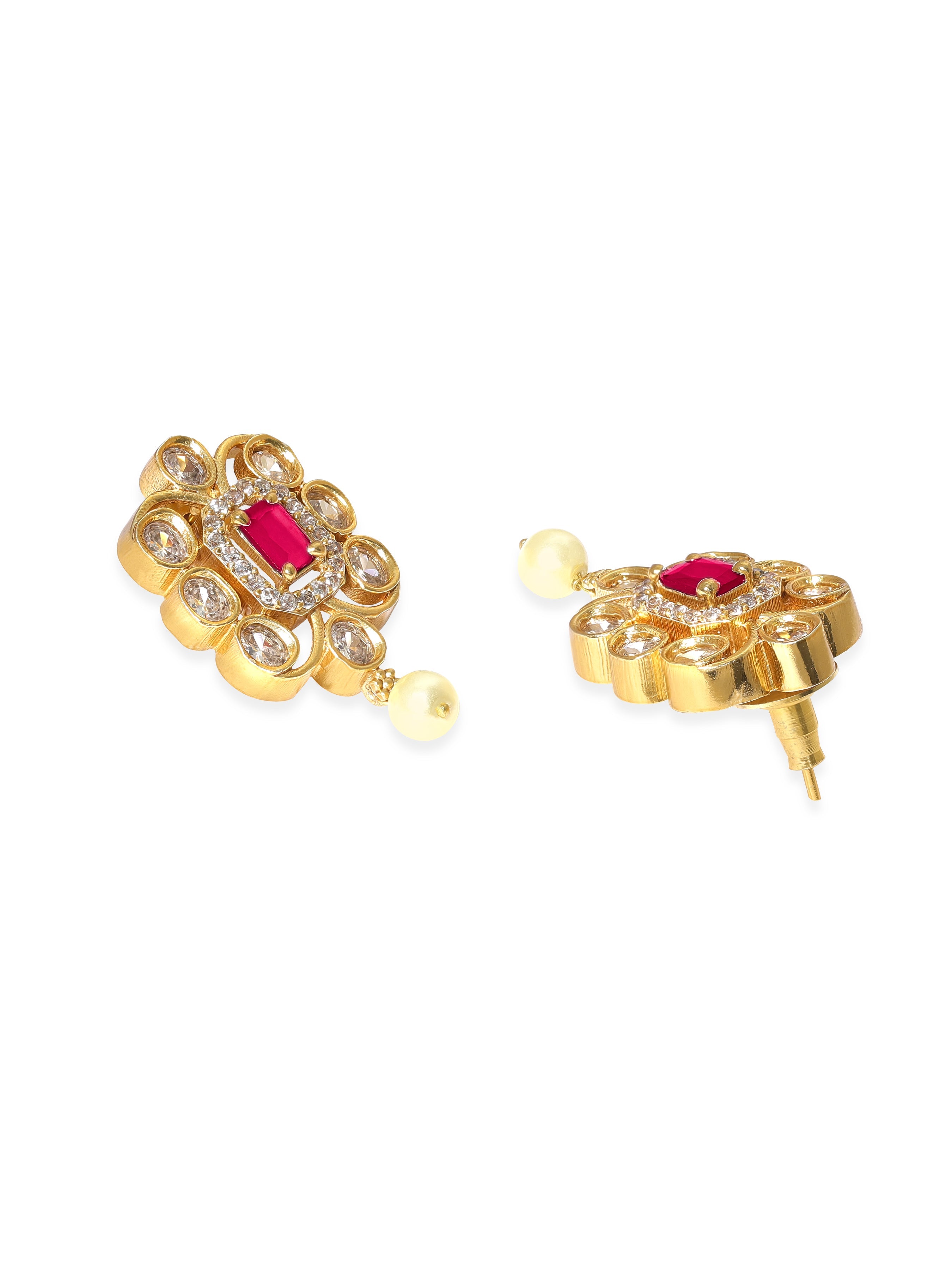 Pink Studded Pearl Drop Gold Necklace Set