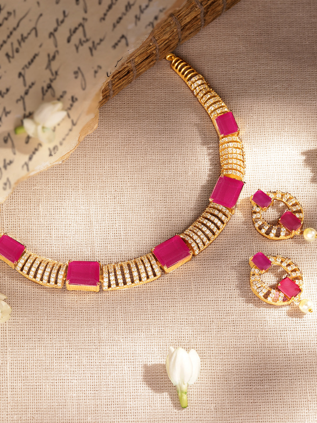 American Diamond Zirconia Pink Cubic Necklace Set