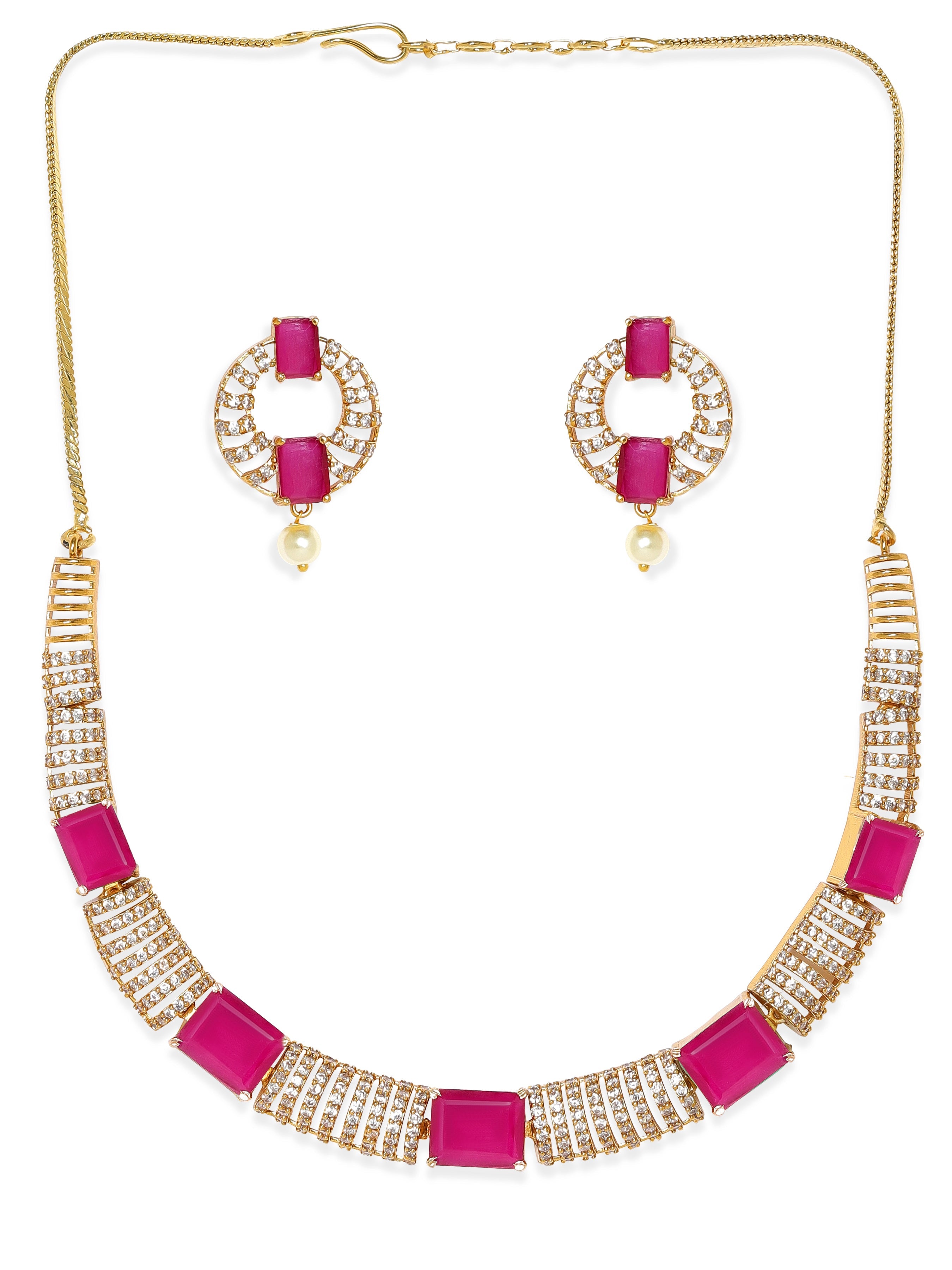 American Diamond Zirconia Pink Cubic Necklace Set