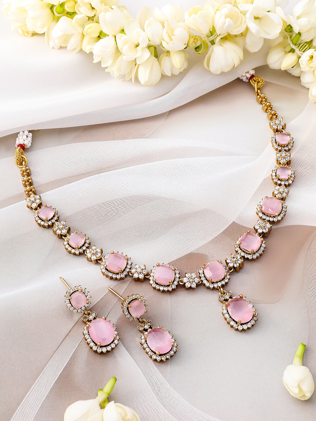 Pink Studded American Diamond Zirconia Necklace Set