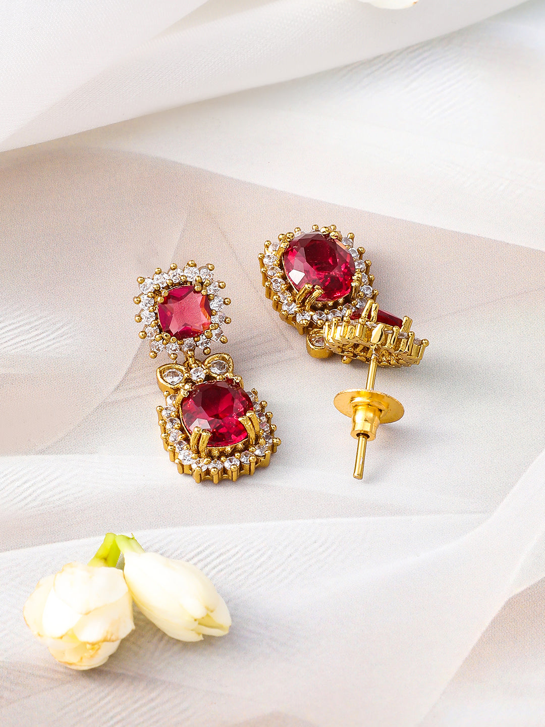 Ruby Studded American Diamond Zirconia Floral Necklace Set