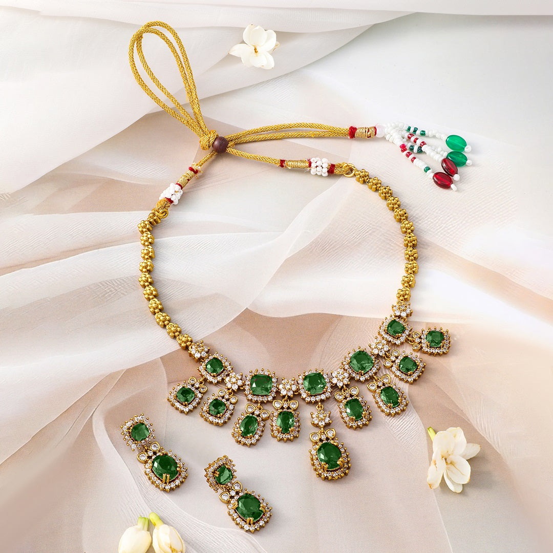 American Diamond Zirconia Emerald Studded Necklace Set