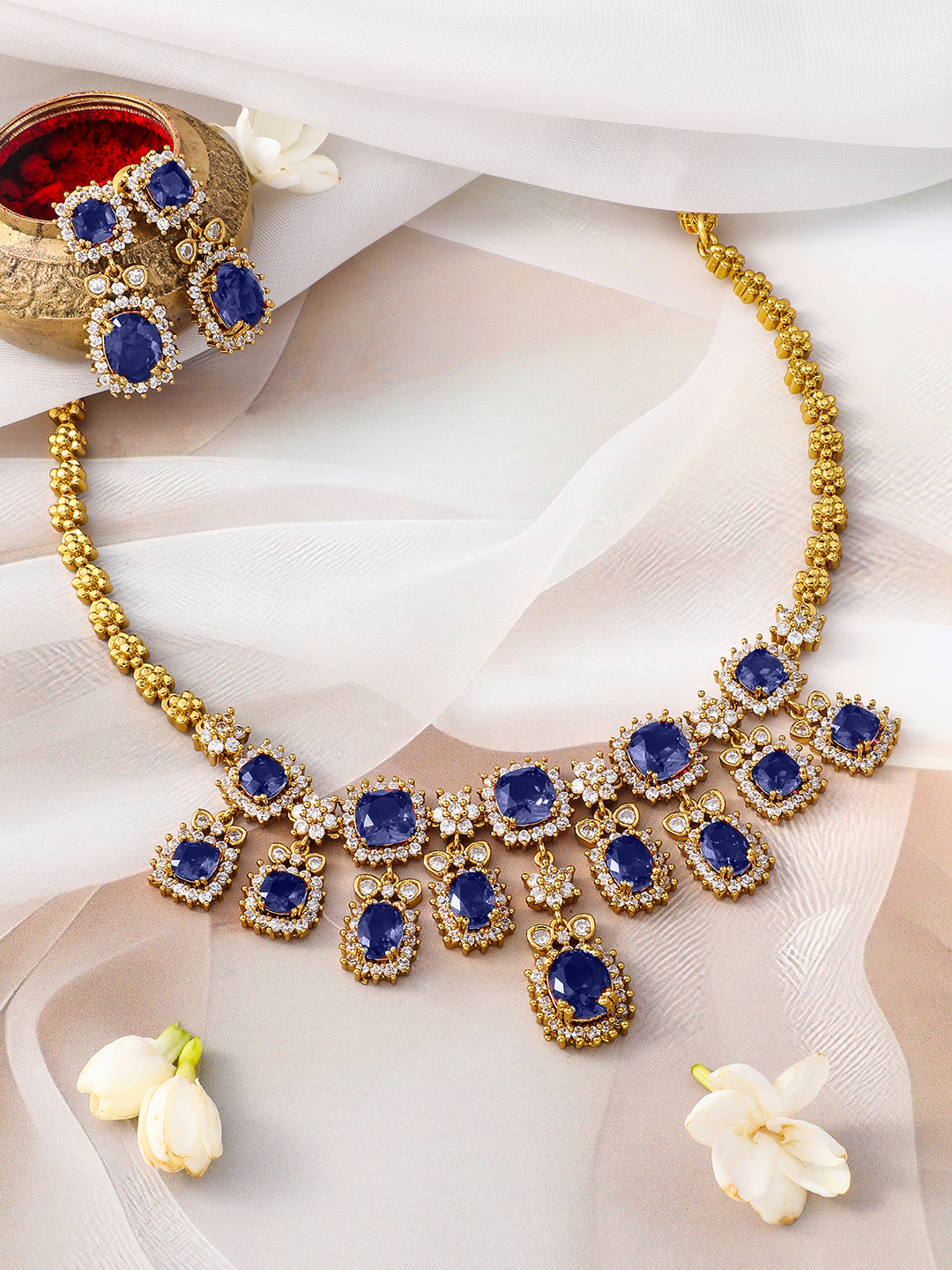 American Diamond Zirconia Blue Necklace Set
