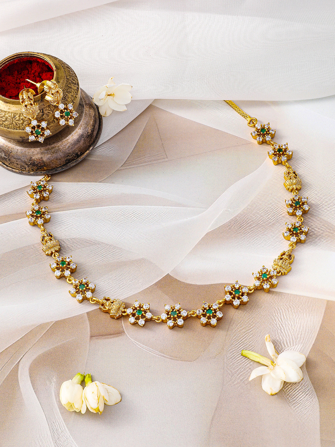 American Diamond Zirconia Floral Temple Necklace Set