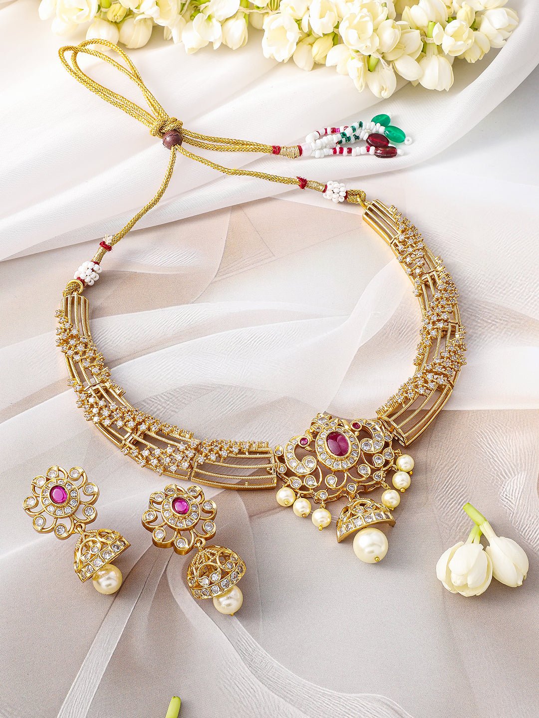 White Studded Pearl Gold Toned Necklace Set