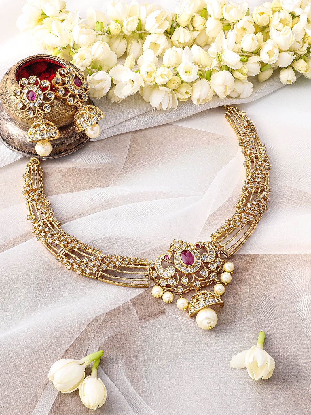 White Studded Pearl Gold Toned Necklace Set