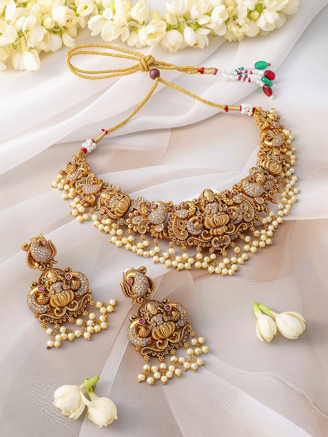 American Diamond Zirconia Pearl Drop Temple Necklace Set