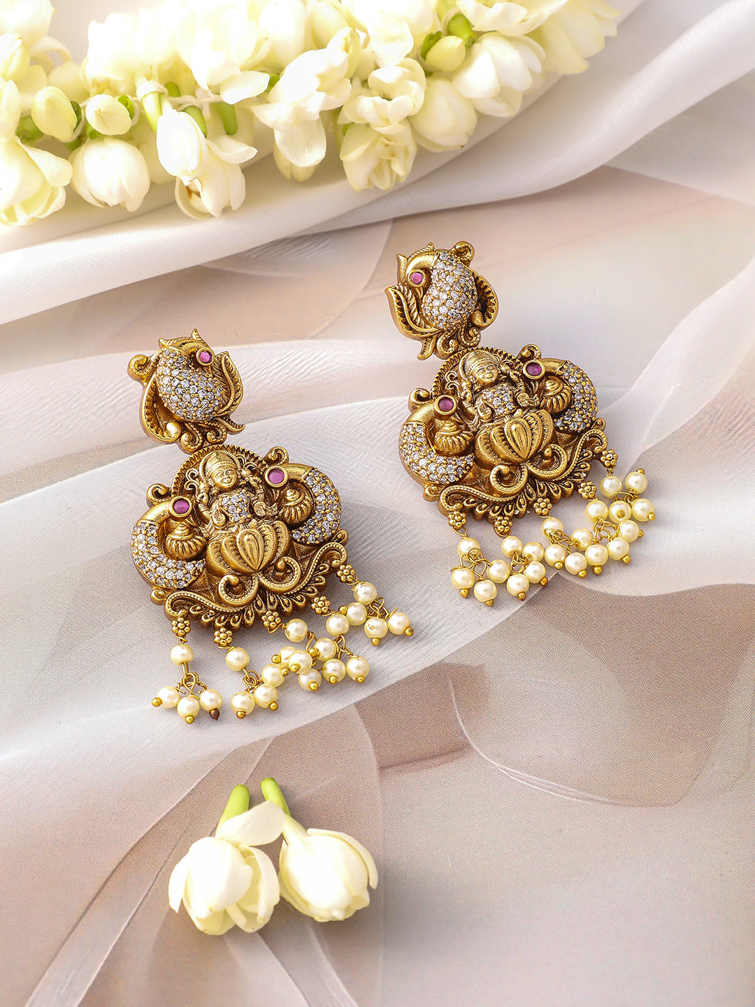American Diamond Zirconia Pearl Drop Temple Necklace Set