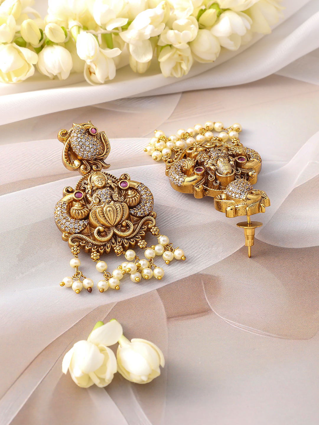 American Diamond Zirconia Pearl Drop Temple Necklace Set