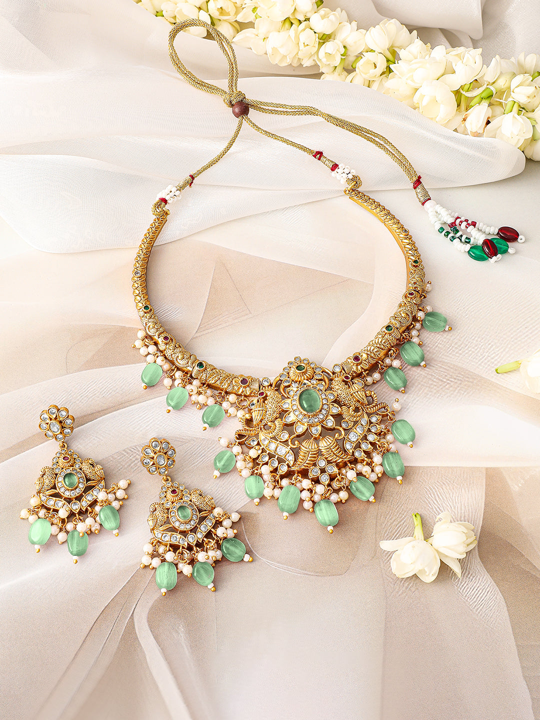 White Studded Mint Beaded Pearl Necklace Set