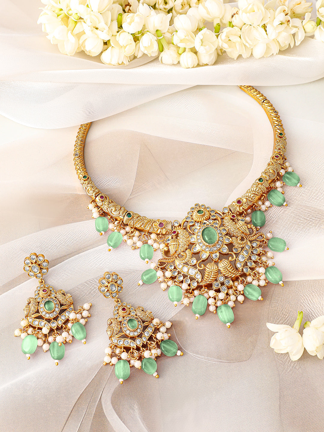 White Studded Mint Beaded Pearl Necklace Set