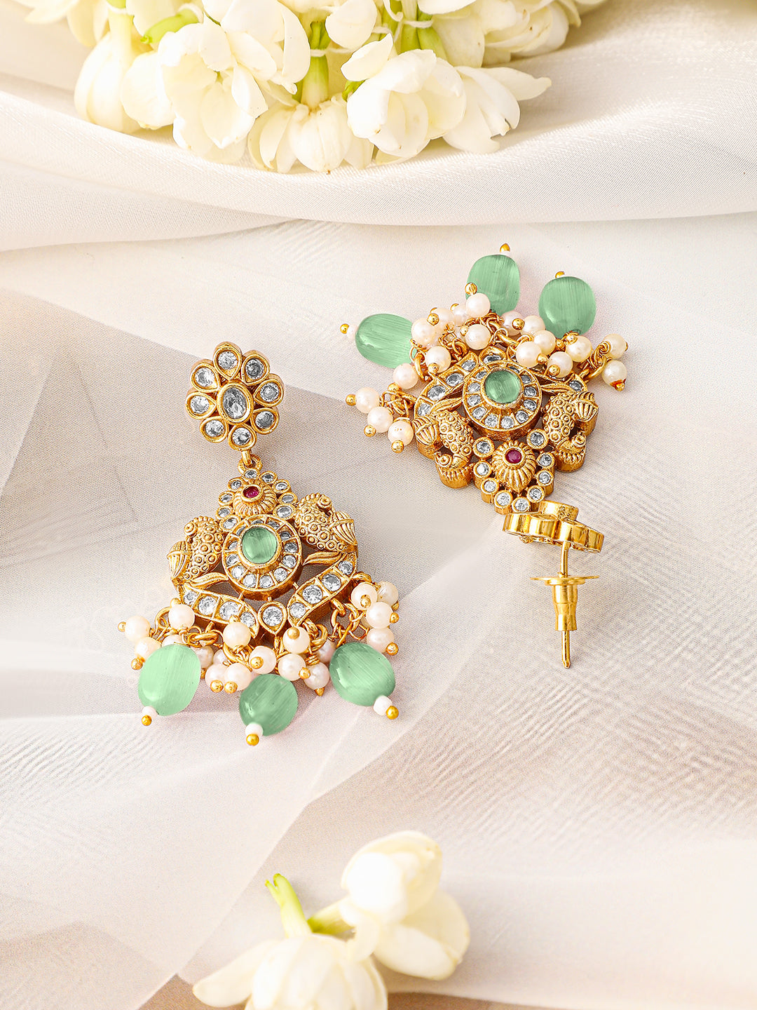 White Studded Mint Beaded Pearl Necklace Set