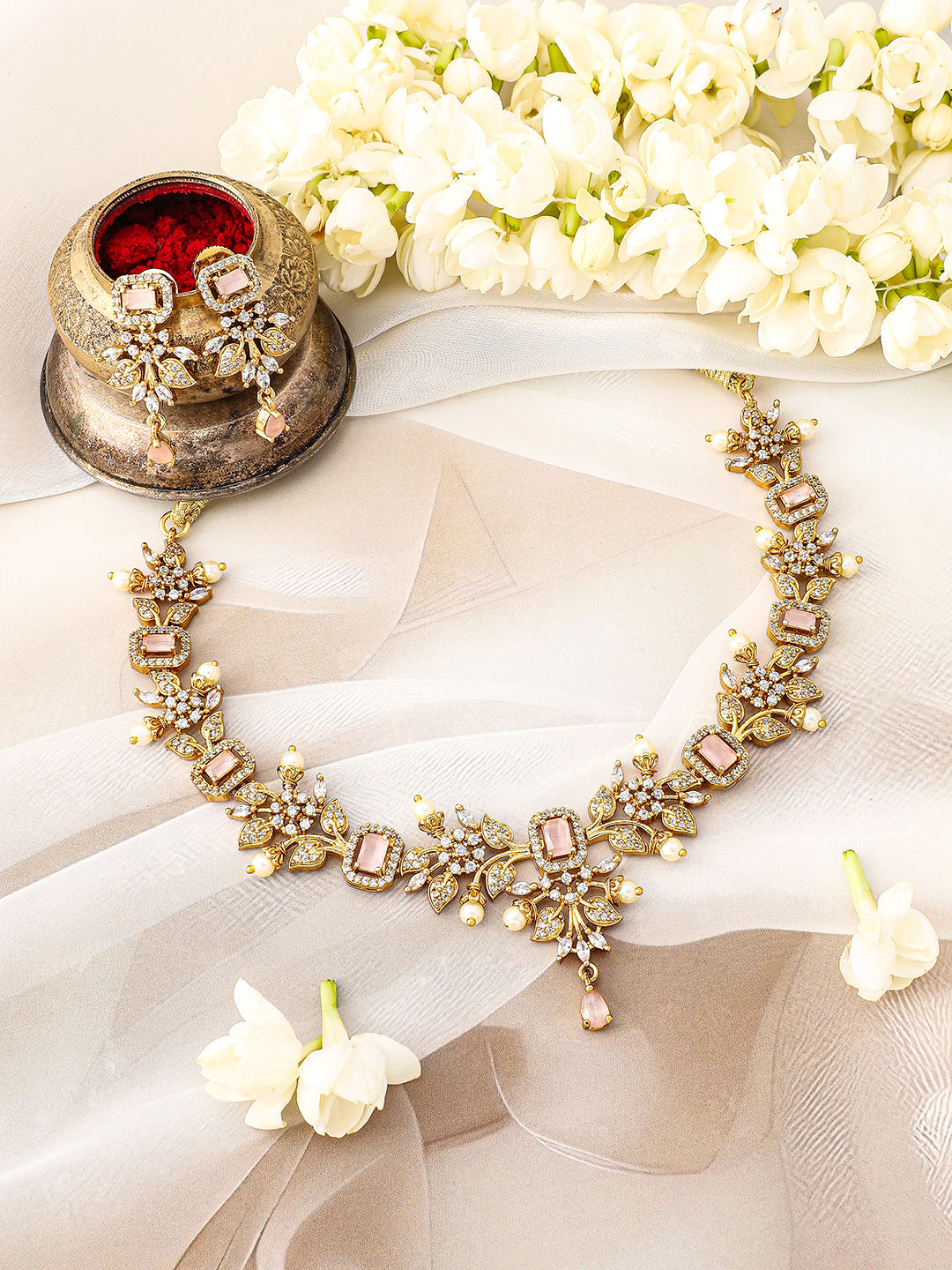 Pink American Diamond Zirconia Pearl Necklace Set