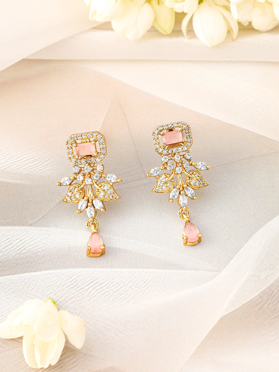 Pink American Diamond Zirconia Pearl Necklace Set