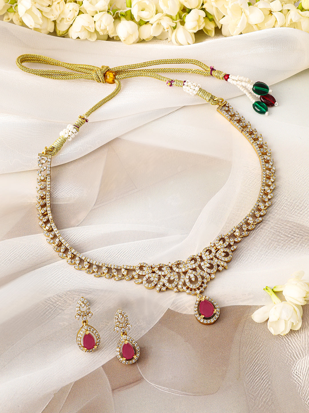 Ruby Accented American Diamond Zirconia Necklace Set