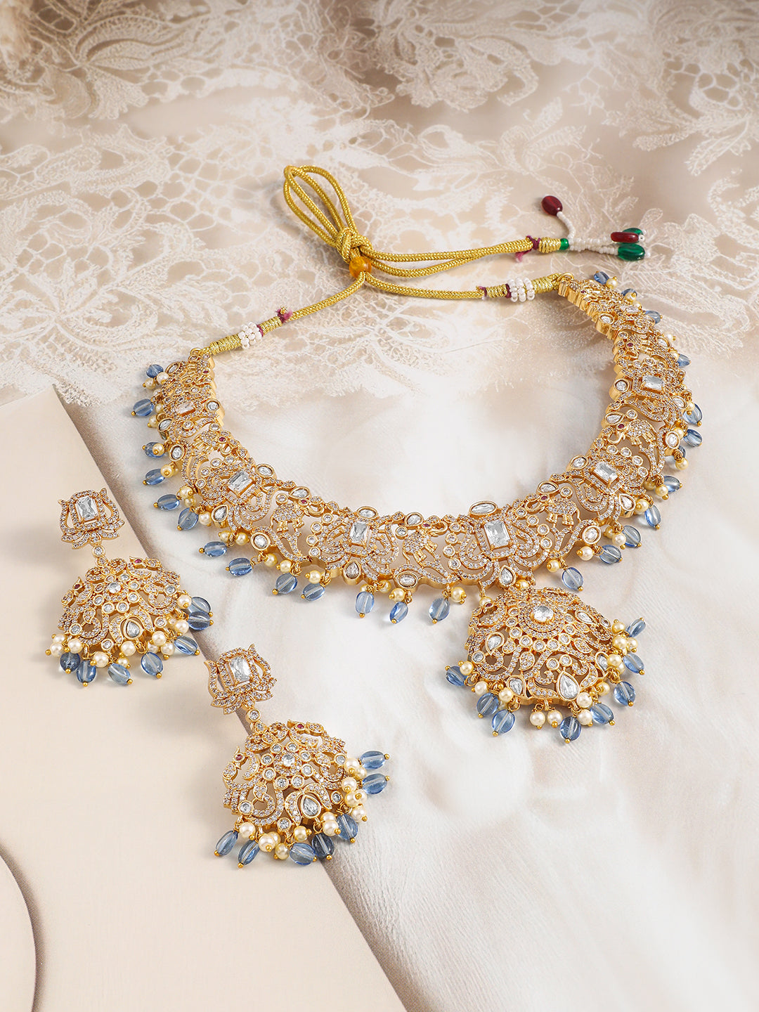 American Diamond Zirconia Blue Pearl Drops Necklace Set
