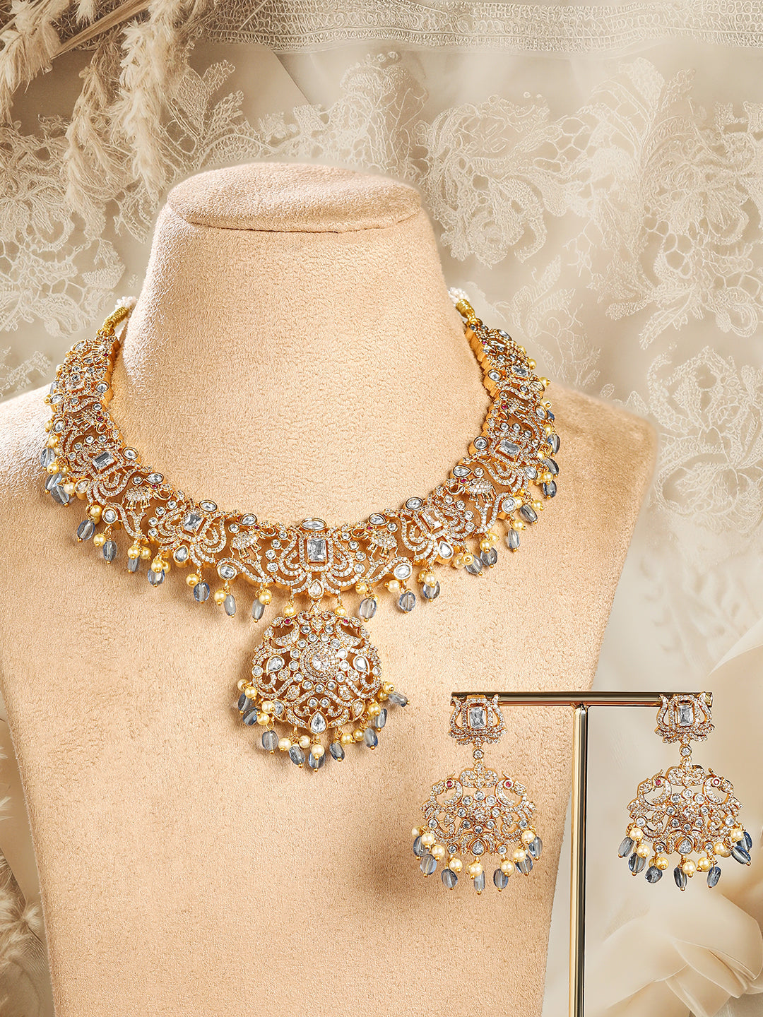 American Diamond Zirconia Blue Pearl Drops Necklace Set