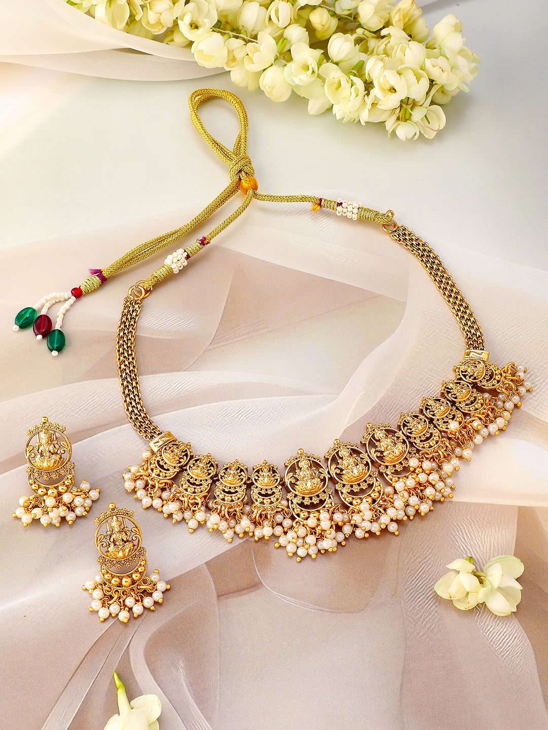 Laxmi Motif Golden Necklace Set with Pearl Drops