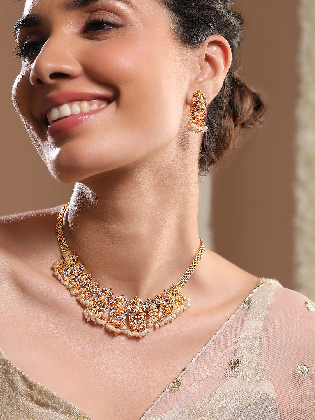 Laxmi Motif Golden Necklace Set with Pearl Drops