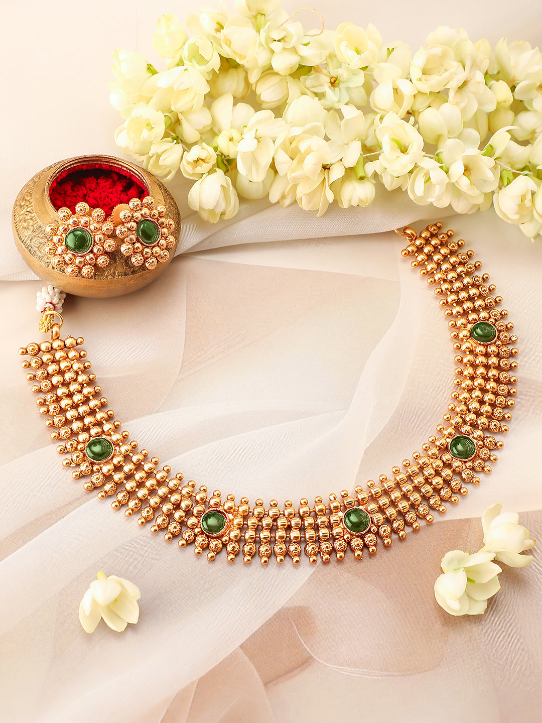 Emerald Studded Gold Beads Necklace Set