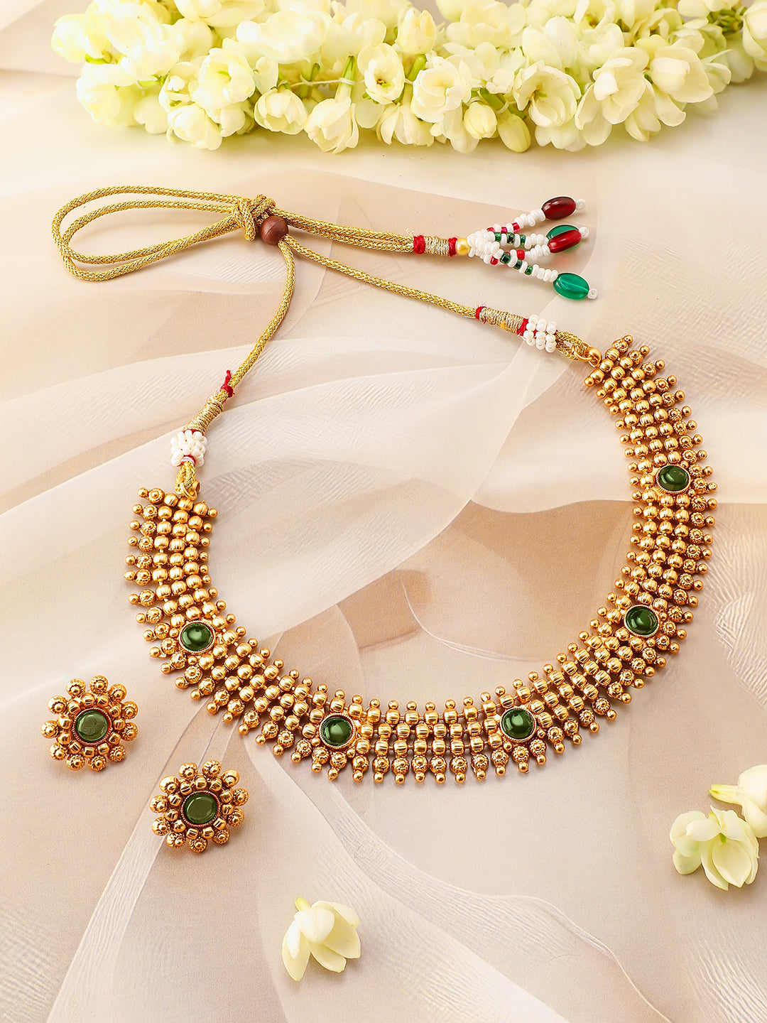 Emerald Studded Gold Beads Necklace Set