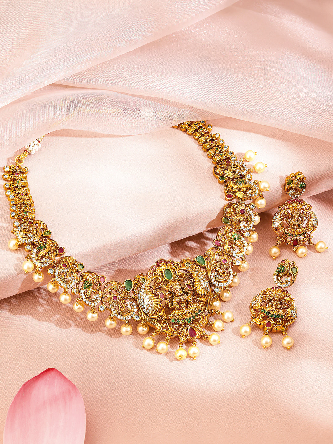 Peacock Motif Gold Toned Pearl Necklace Set