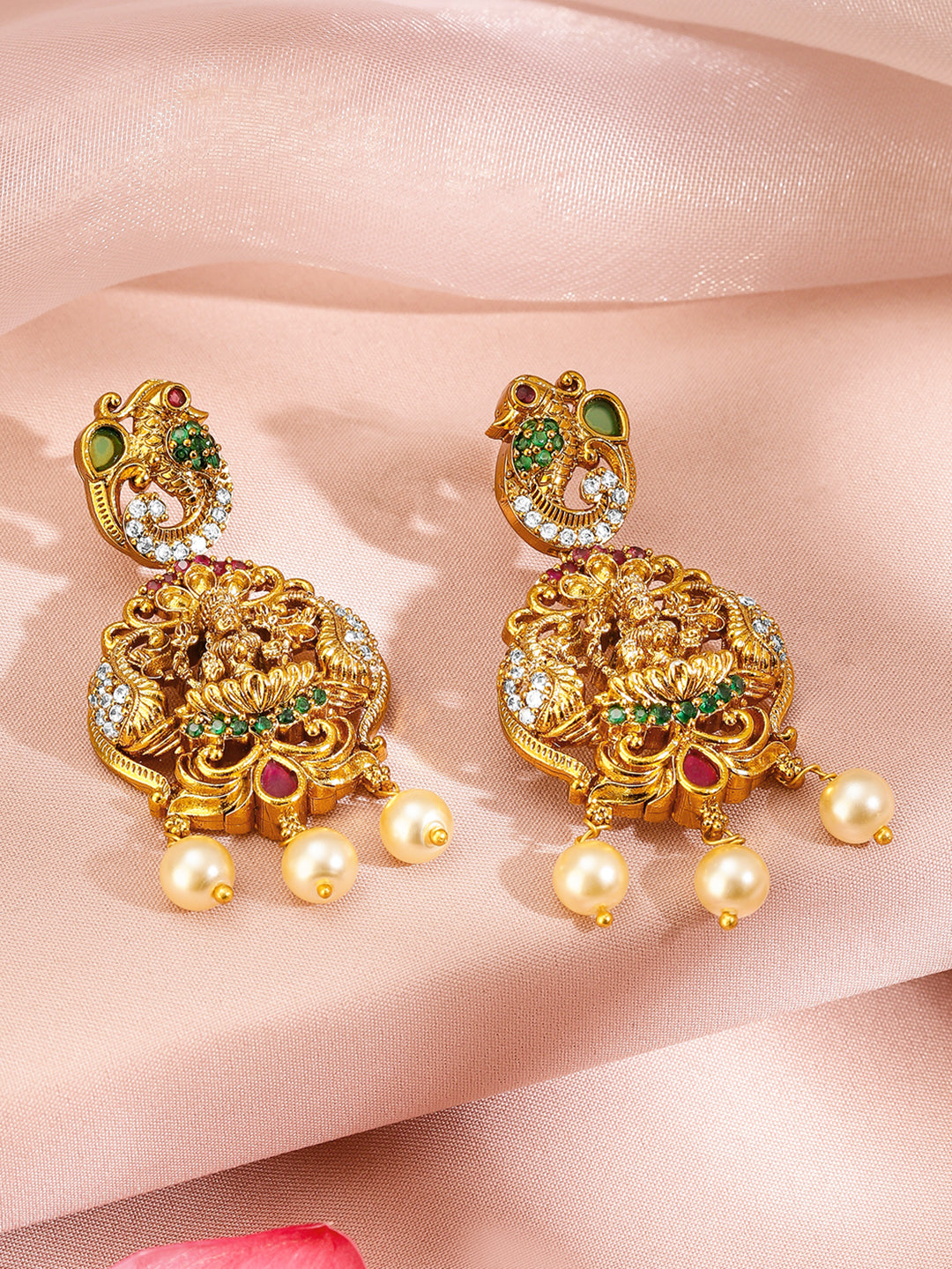 Peacock Motif Gold Toned Pearl Necklace Set